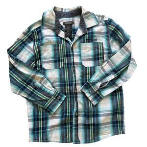 Boy's Size Large 8-10 Kenneth Cole Reaction Blue Green Paid Button Up L/S Shirt